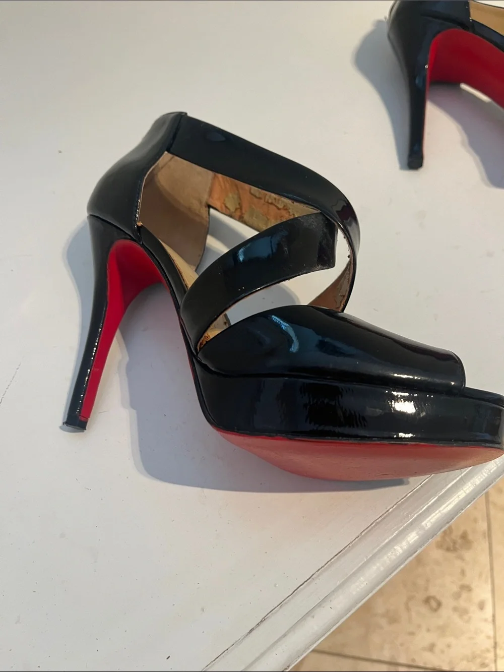 Michael Kors Black Patent Cross-Strap Peep-Toe Platform Heels w/red bottoms!
